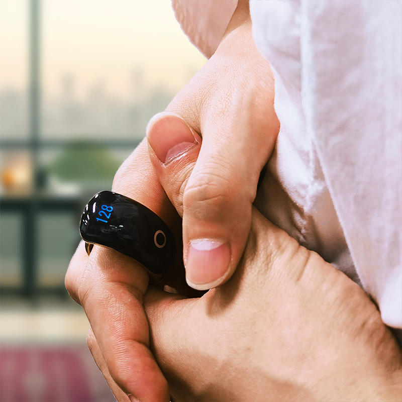 Smart tasbih ring worn on finger with digital display showing dhikr count