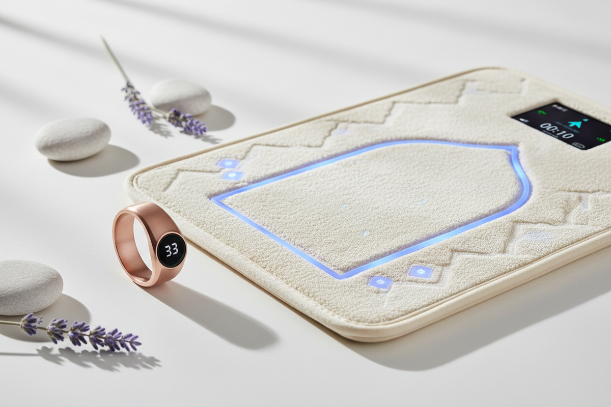 Smart ring and smart prayer mat displayed side by side on a clean surface for modern Islamic worship