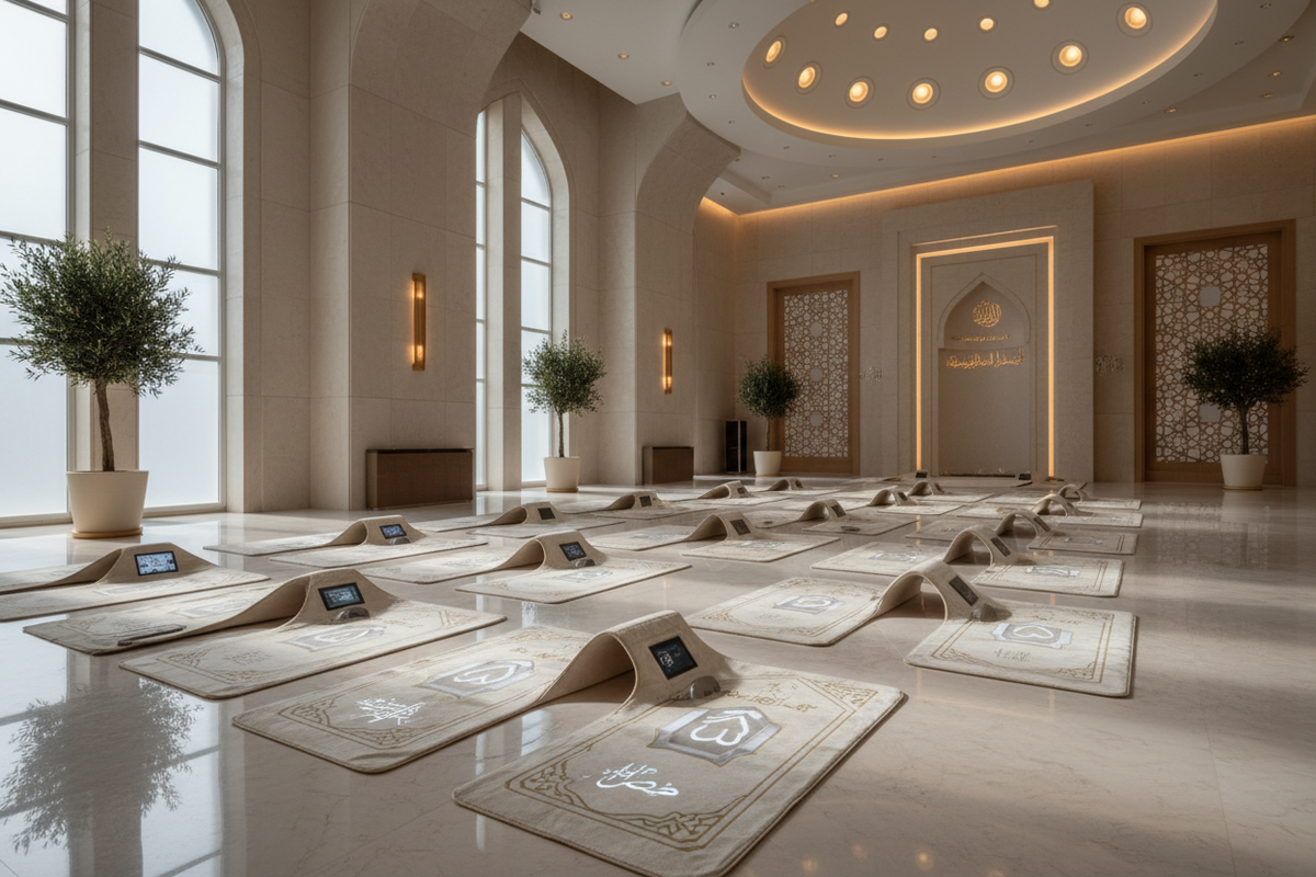 Smart prayer mat laid in a mosque hall with LED guidance showing prayer steps for community worship