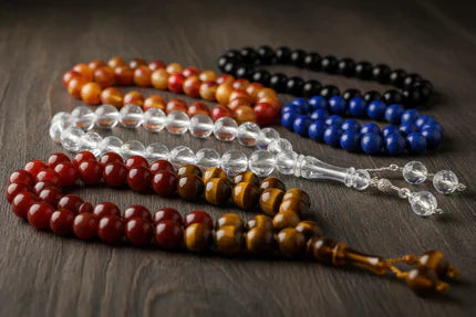 Islamic prayer beads guide showing different materials and bead counts for worship