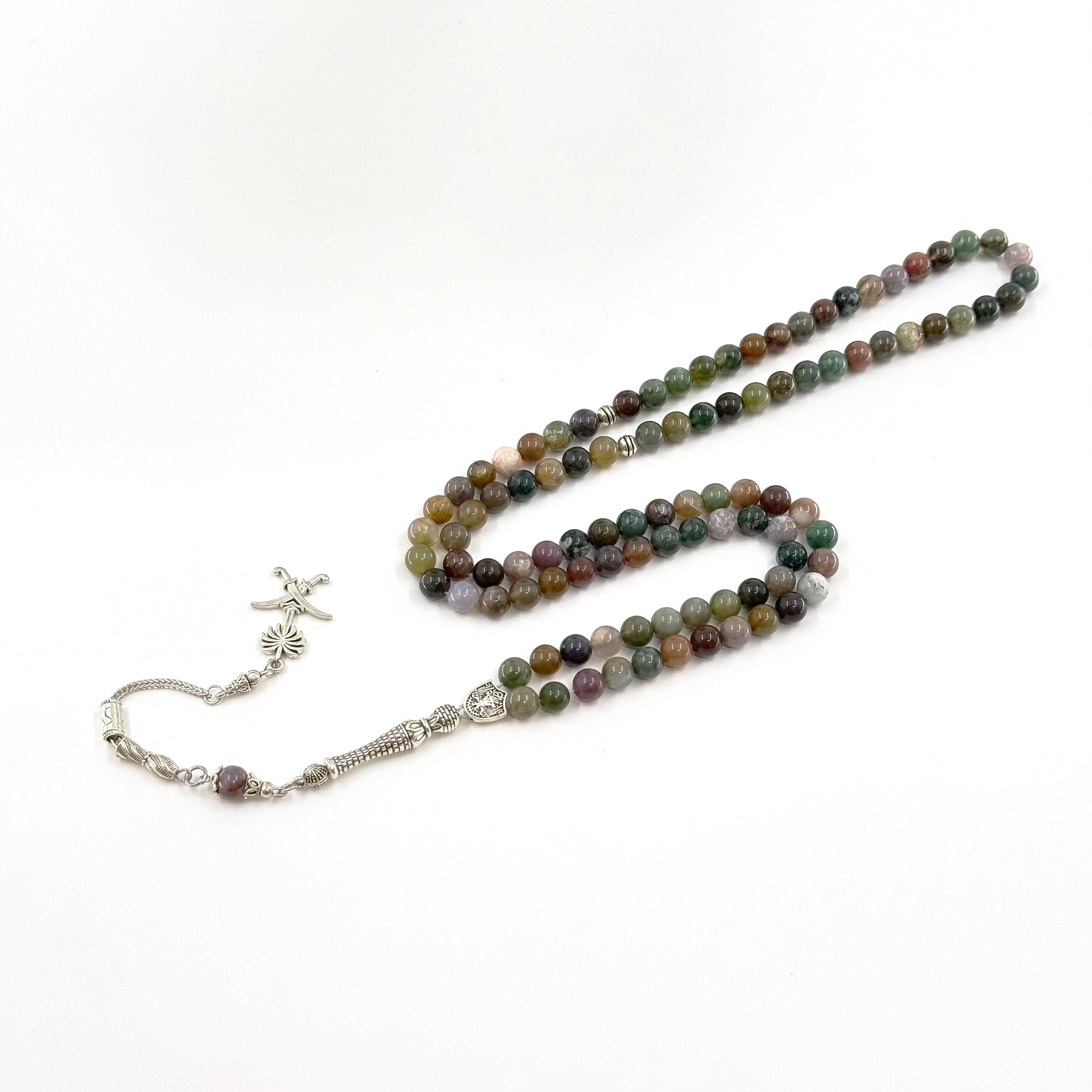 Natural Indian Jade Tasbih - 99 Beads (8mm) with Geometric Pendant