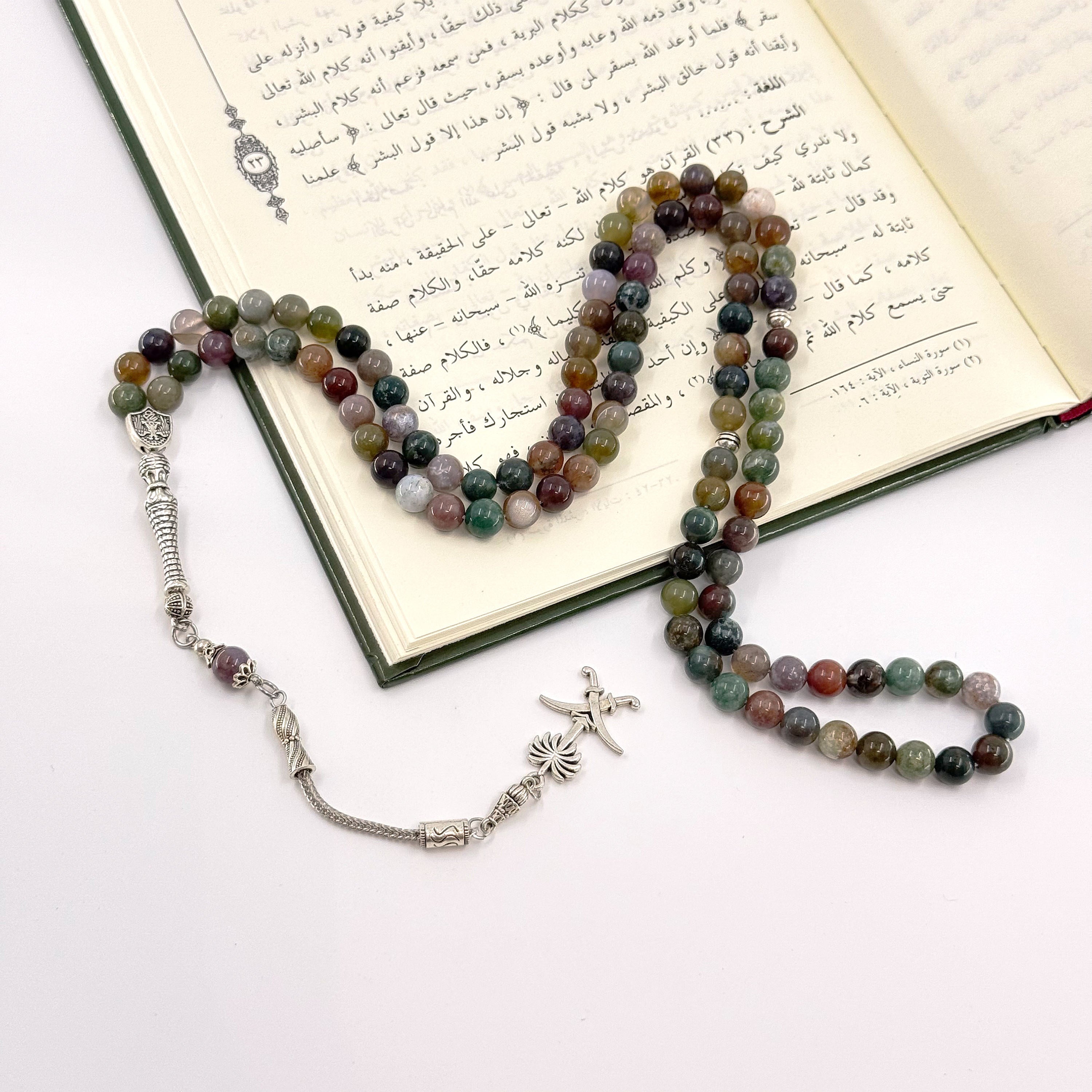 Natural Indian Jade Tasbih - 99 Beads (8mm) with Geometric Pendant