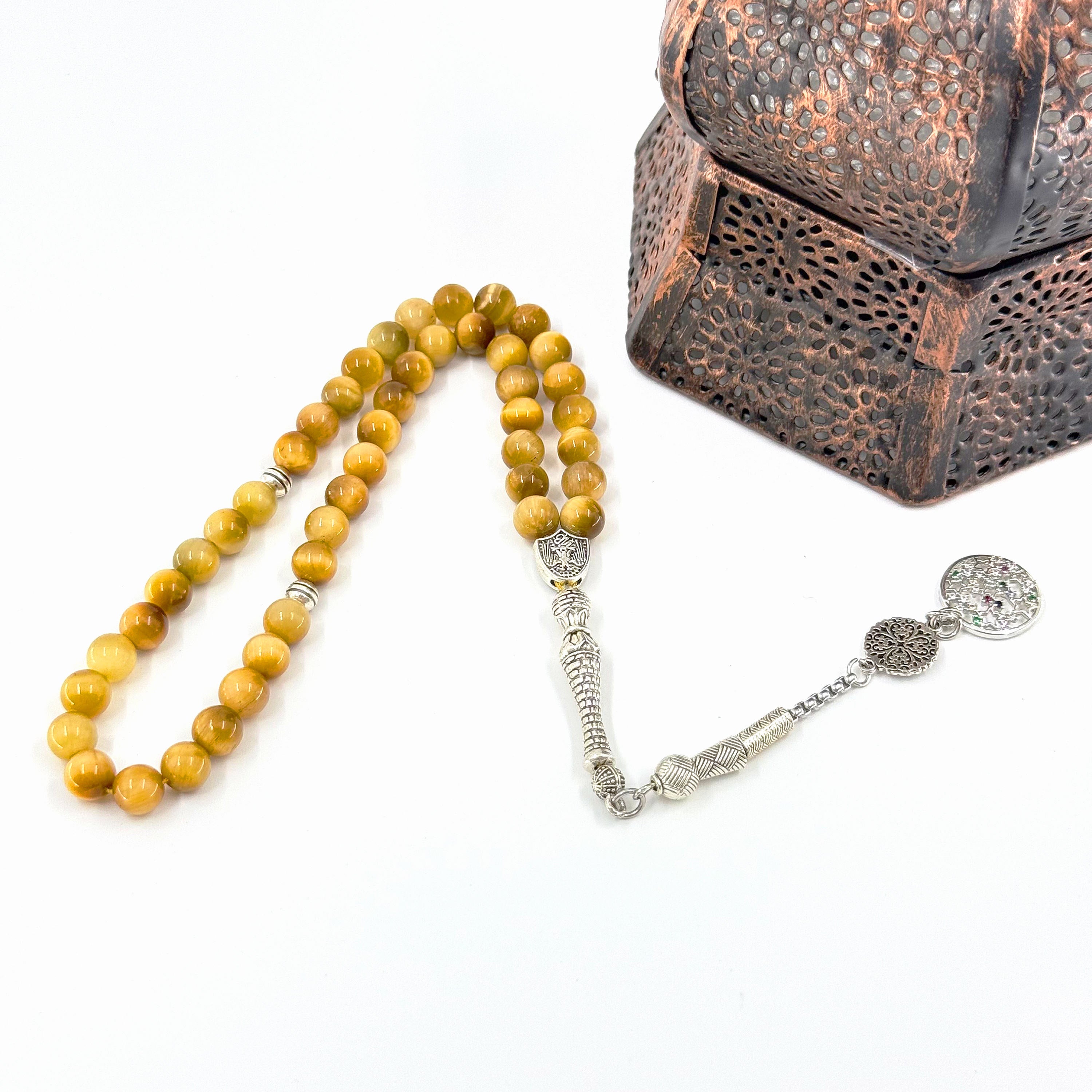 Tiger Eye Prayer Bracelet for Men - 45 Bead 8mm Tasbih Misbaha for Zikr, Natural Stone Islamic Gift