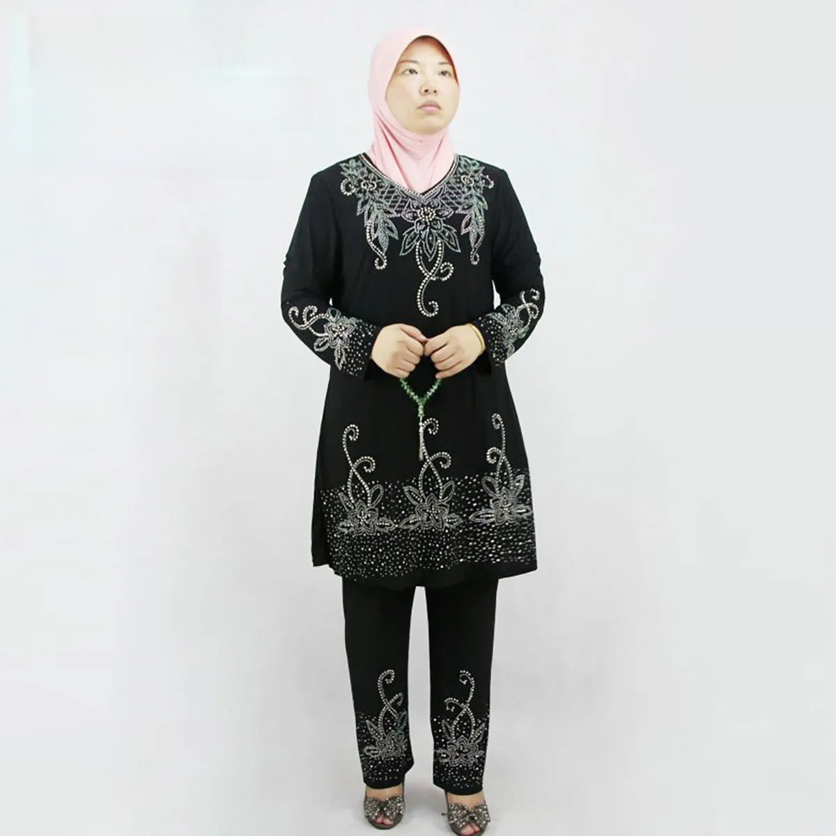Elegant Azalea Embroidered Abaya with Rhinestones, 2-Piece Islamic Outfit