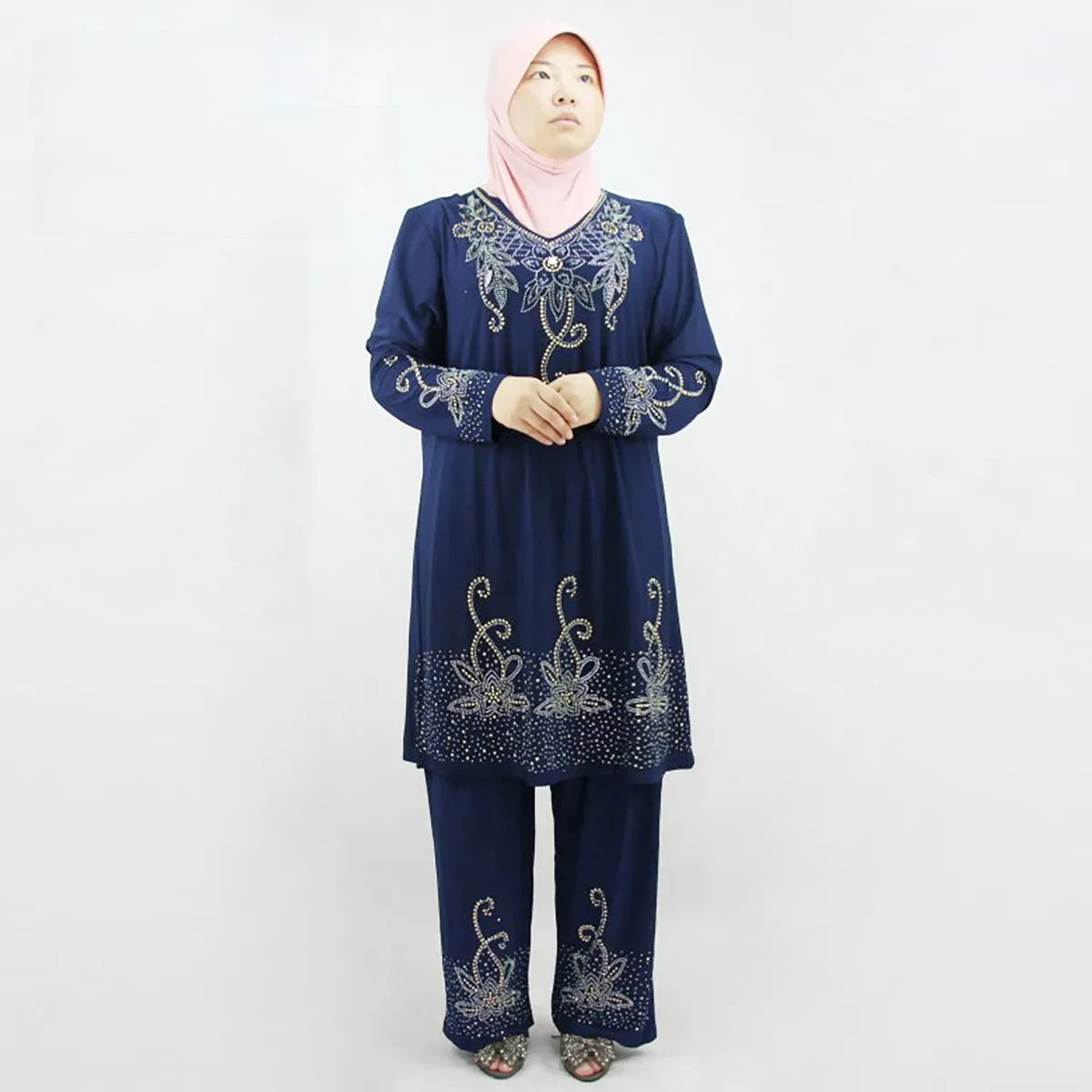 Elegant Azalea Embroidered Abaya with Rhinestones, 2-Piece Islamic Outfit