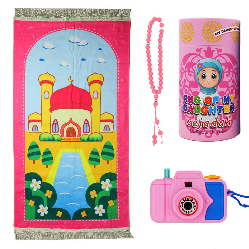 Mosque Theme Islamic Gift Set for Children, Kids Prayer Mat, Toy Camera, Prayer Beads in Portable Bucket, Ideal Eid Gift