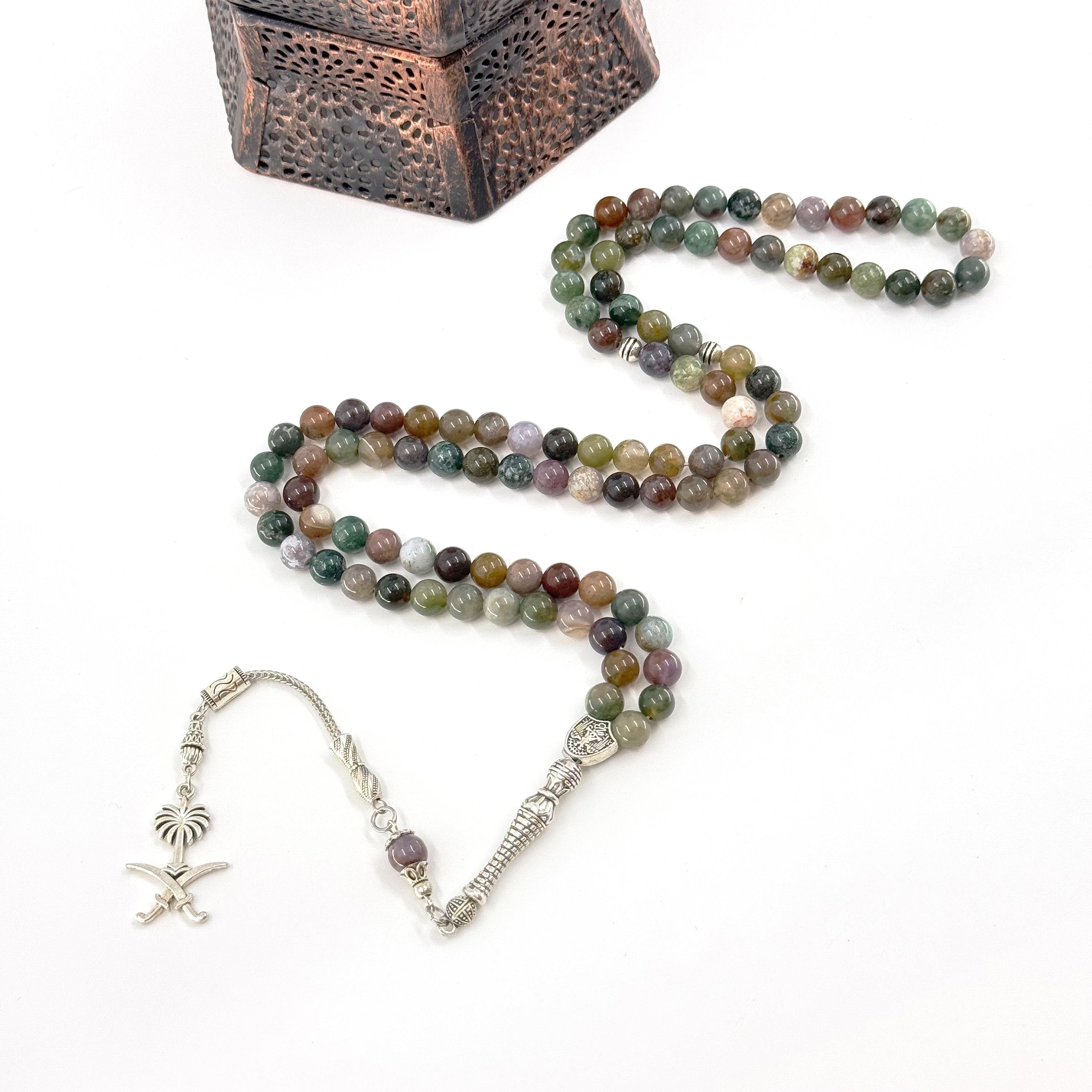 Natural Indian Jade Tasbih - 99 Beads (8mm) with Geometric Pendant