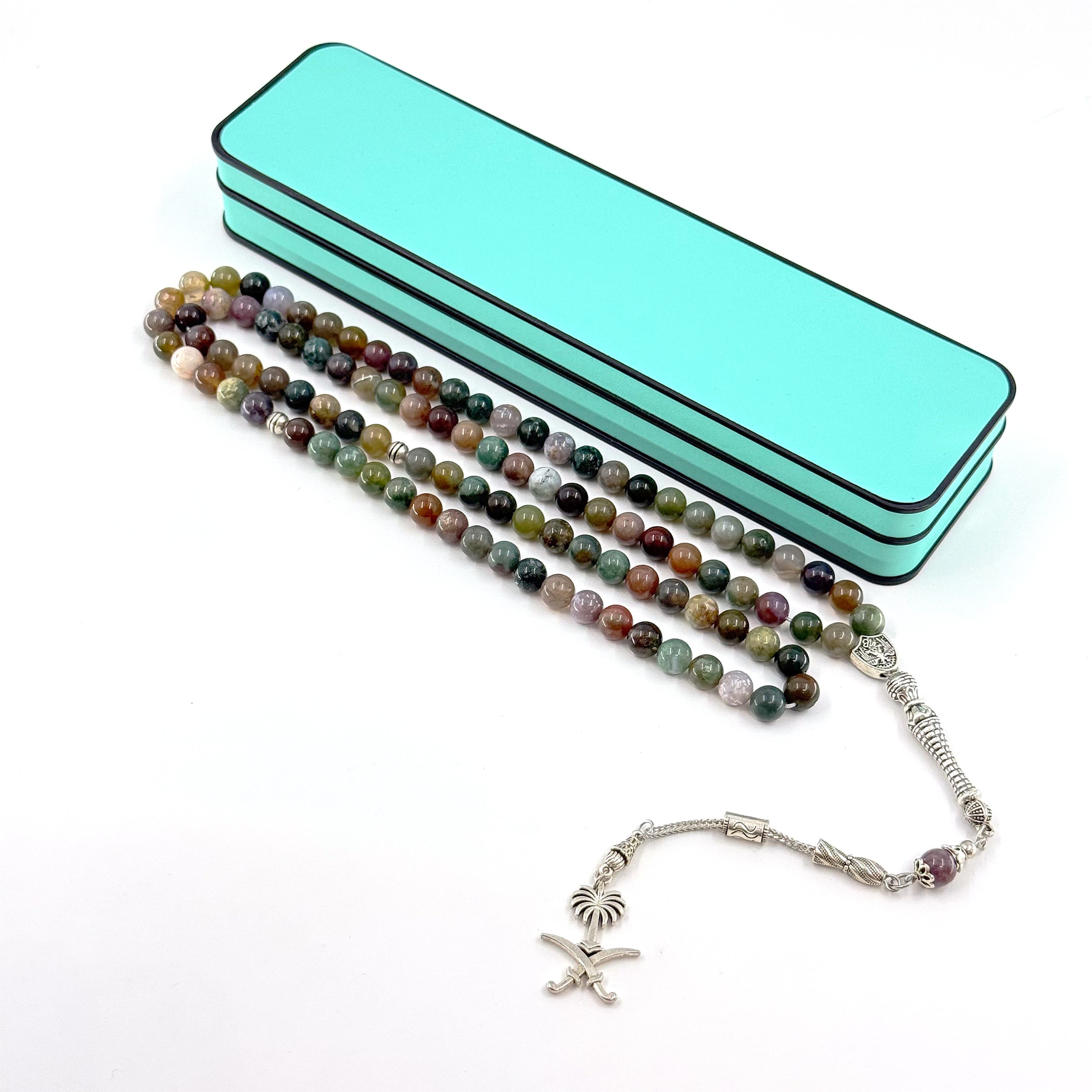 Natural Indian Jade Tasbih - 99 Beads (8mm) with Geometric Pendant