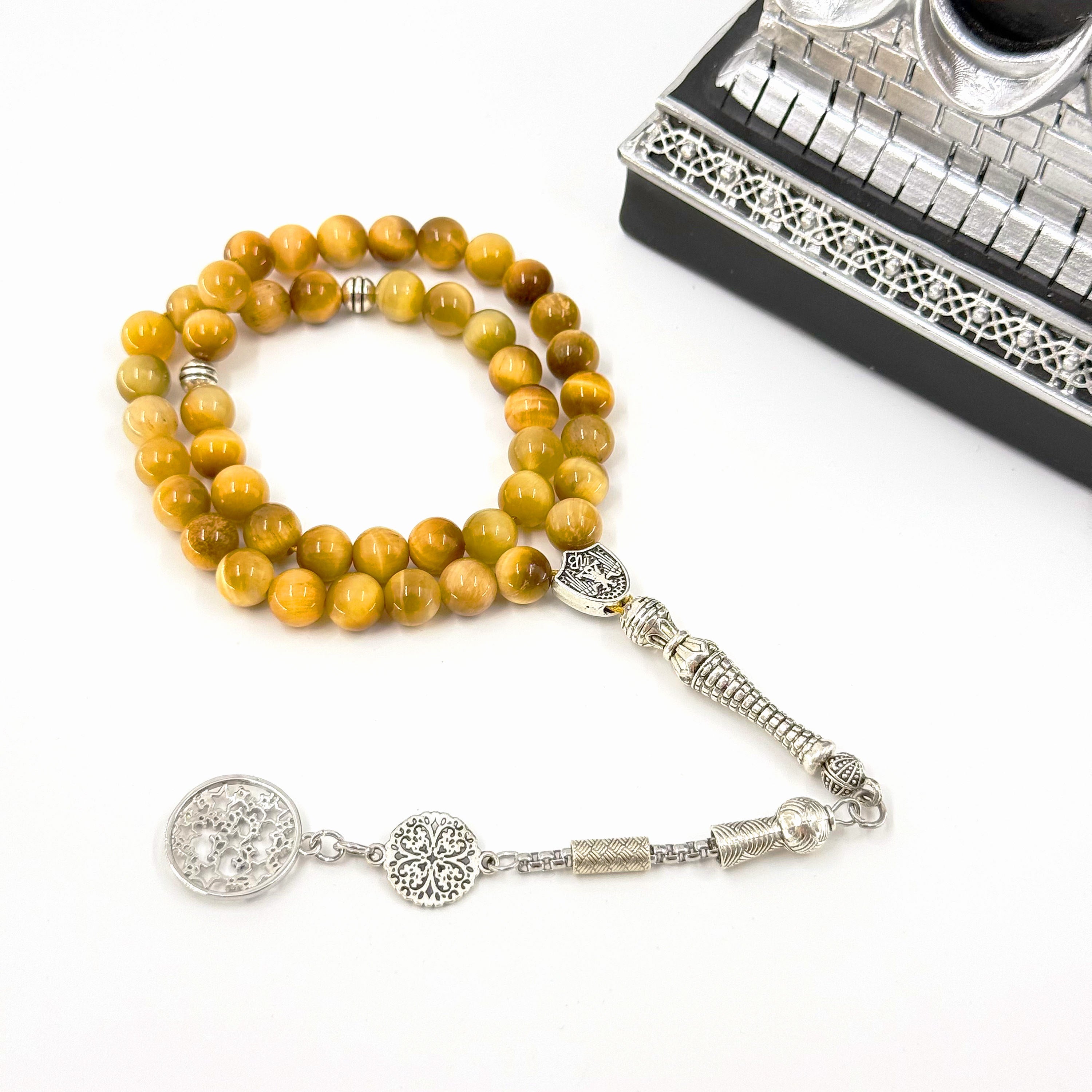 Tiger Eye Prayer Bracelet for Men - 45 Bead 8mm Tasbih Misbaha for Zikr, Natural Stone Islamic Gift