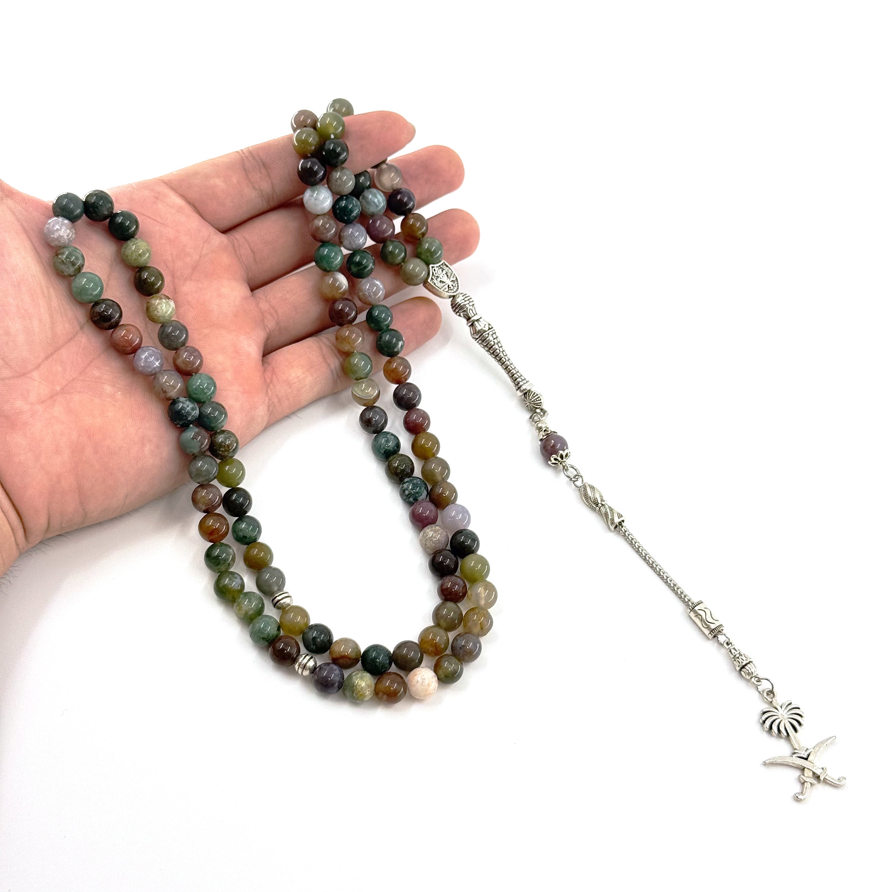 Natural Indian Jade Tasbih - 99 Beads (8mm) with Geometric Pendant