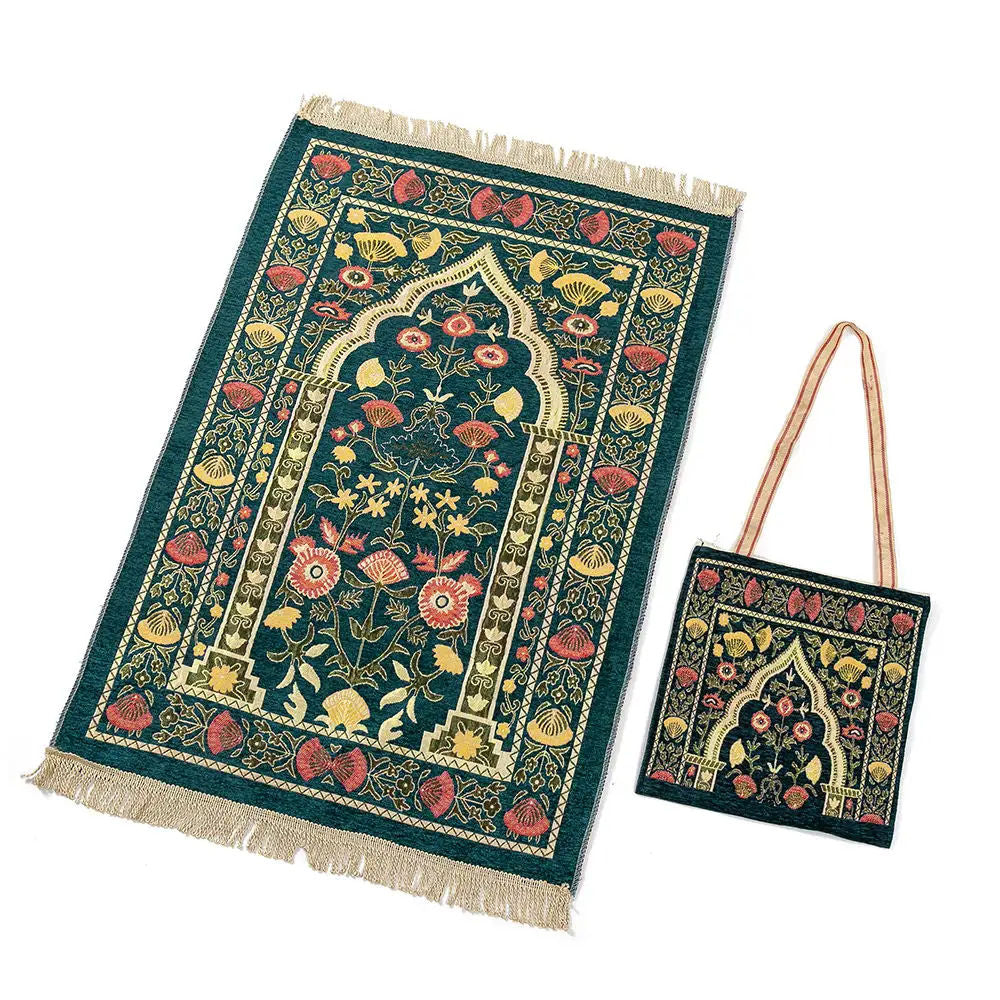 Traditional Printed Prayer Mat | Portable Chenille Mat with Carry Bag, Machine-Washable & Non-Slip