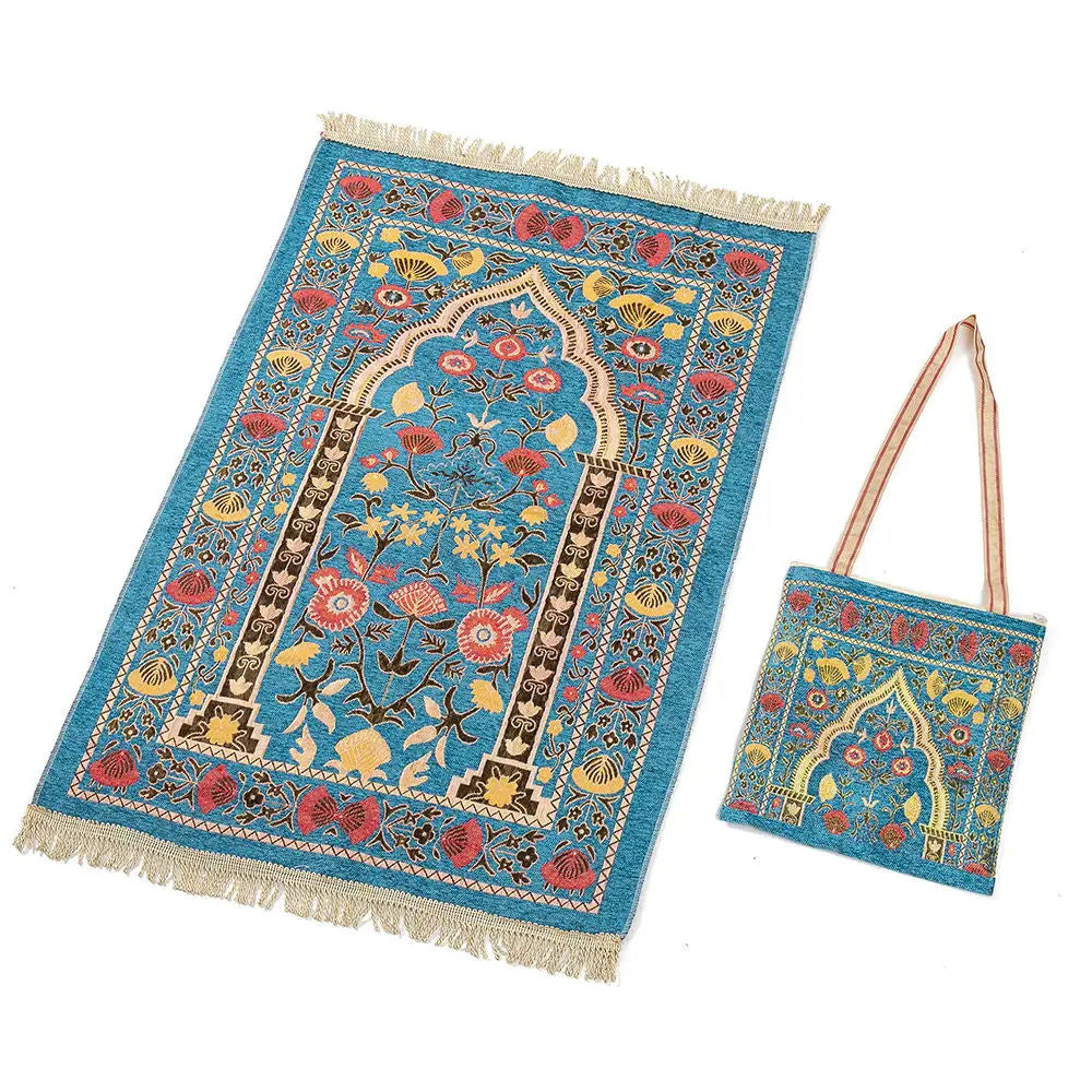 Traditional Printed Prayer Mat | Portable Chenille Mat with Carry Bag, Machine-Washable & Non-Slip