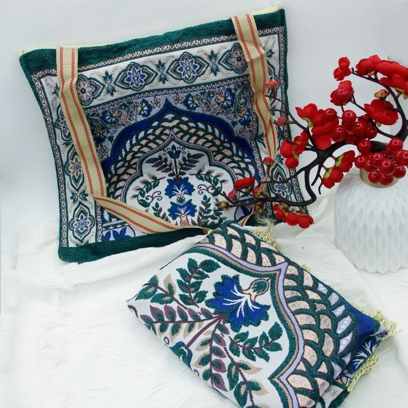 Luxury Chenille Prayer Mat with Carry Bag | Floral Woven Pattern, Machine Washable & Portable for Daily Use