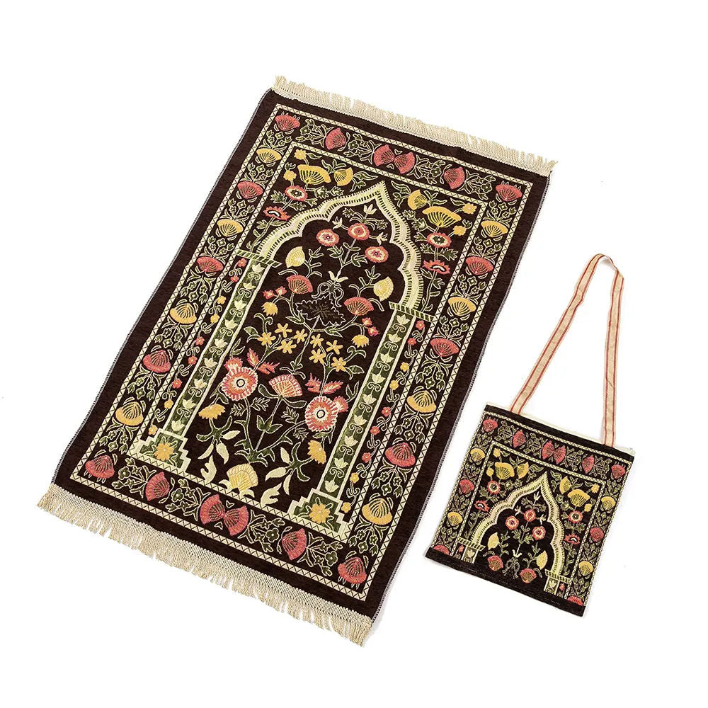 Traditional Printed Prayer Mat | Portable Chenille Mat with Carry Bag, Machine-Washable & Non-Slip