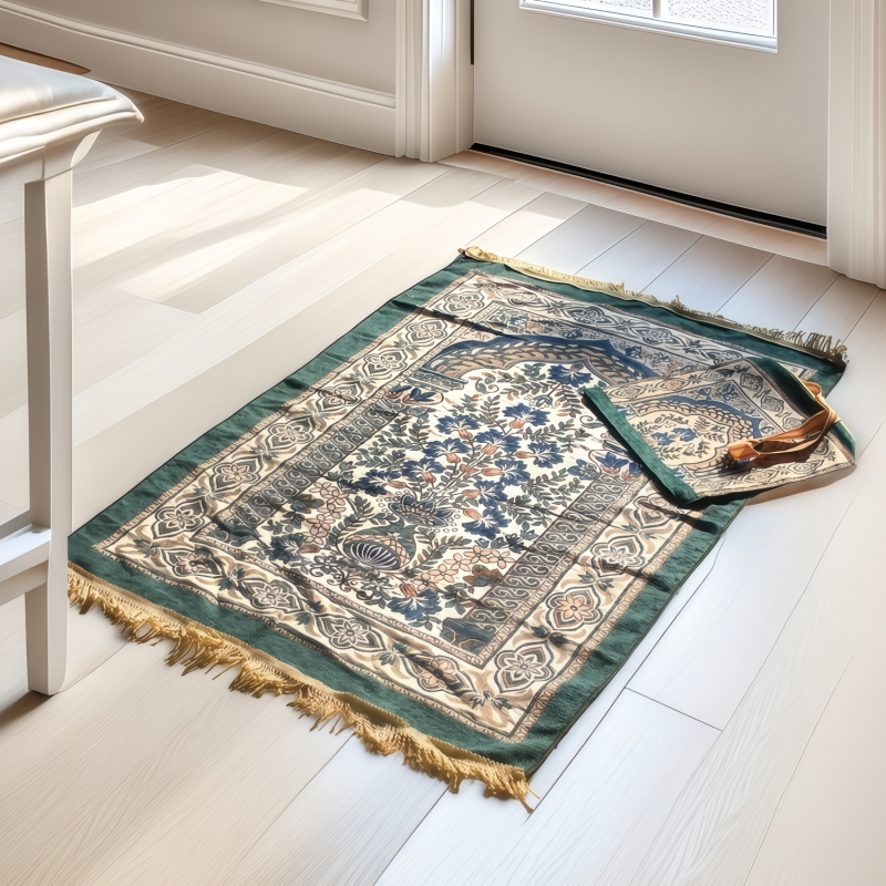 Luxury Chenille Prayer Mat with Carry Bag | Floral Woven Pattern, Machine Washable & Portable for Daily Use
