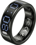 A black digital ring with a glossy finish, featuring a blue LED display showing the time '00:00' on the front, and white regulatory markings including FCC, CE, and RoHS inside the band, set against a plain white background.