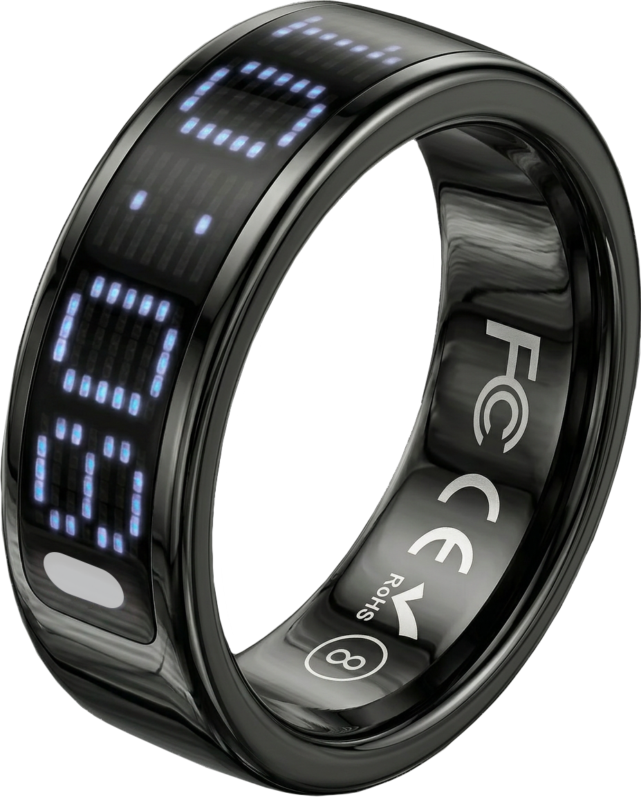 A black digital ring with a glossy finish, featuring a blue LED display showing the time '00:00' on the front, and white regulatory markings including FCC, CE, and RoHS inside the band, set against a plain white background.