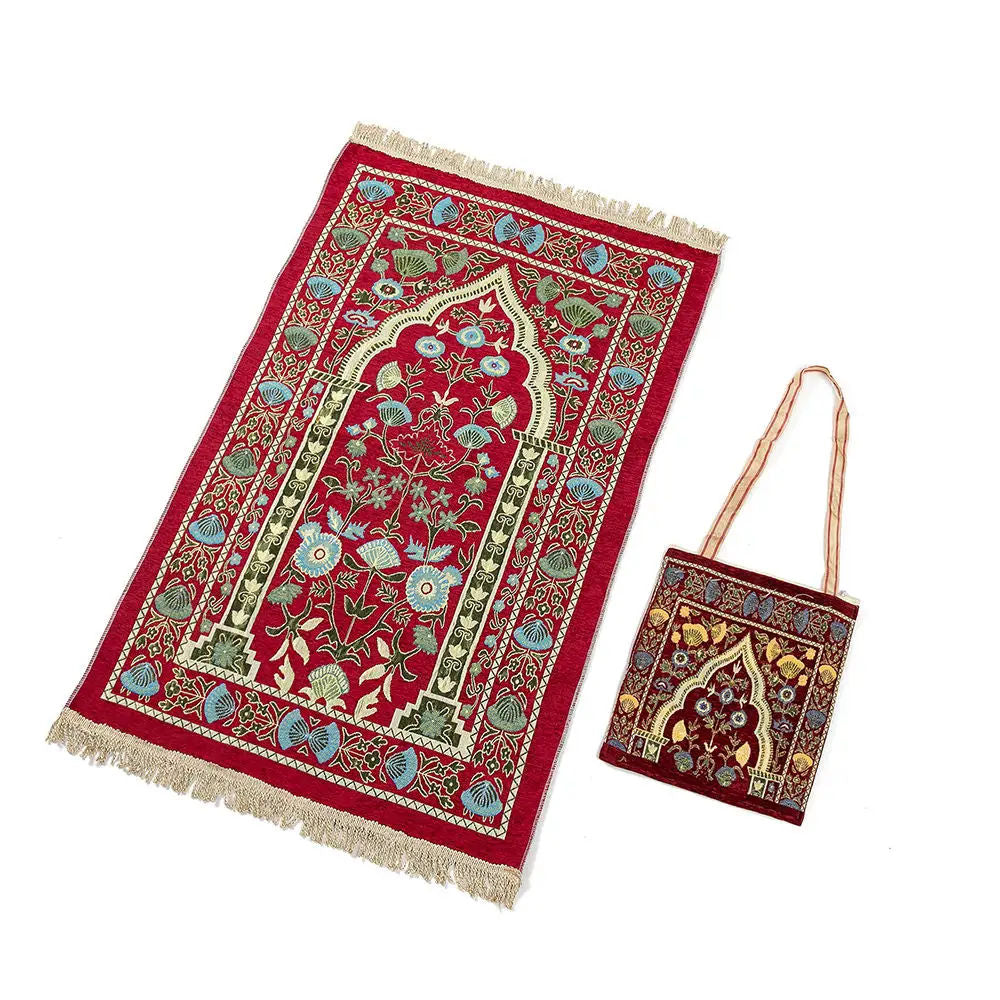 Traditional Printed Prayer Mat | Portable Chenille Mat with Carry Bag, Machine-Washable & Non-Slip