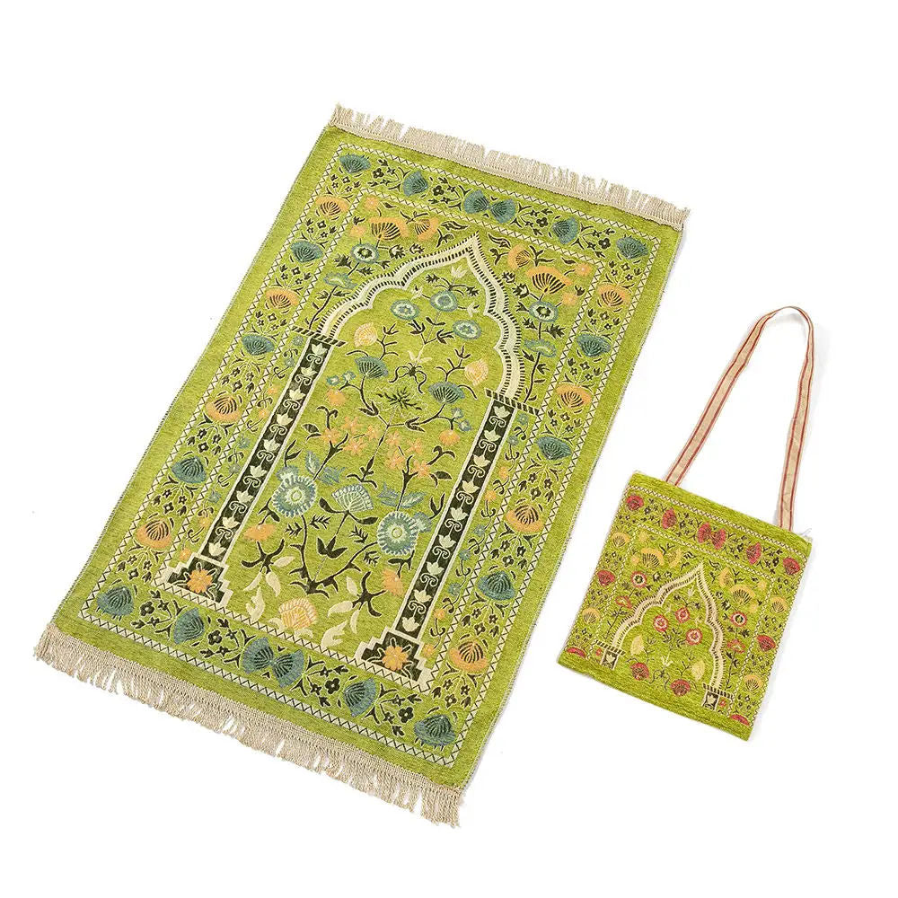 Traditional Printed Prayer Mat | Portable Chenille Mat with Carry Bag, Machine-Washable & Non-Slip