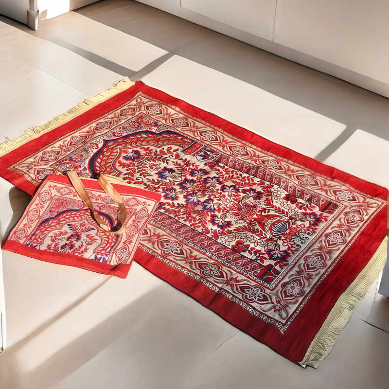 Luxury Chenille Prayer Mat with Carry Bag | Floral Woven Pattern, Machine Washable & Portable for Daily Use